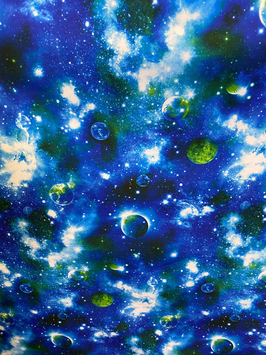 New galaxy design print on heavy nylon spandex 4-way stretch 58/60” Sold by the YD. Ships worldwide from Los Angeles California USA.