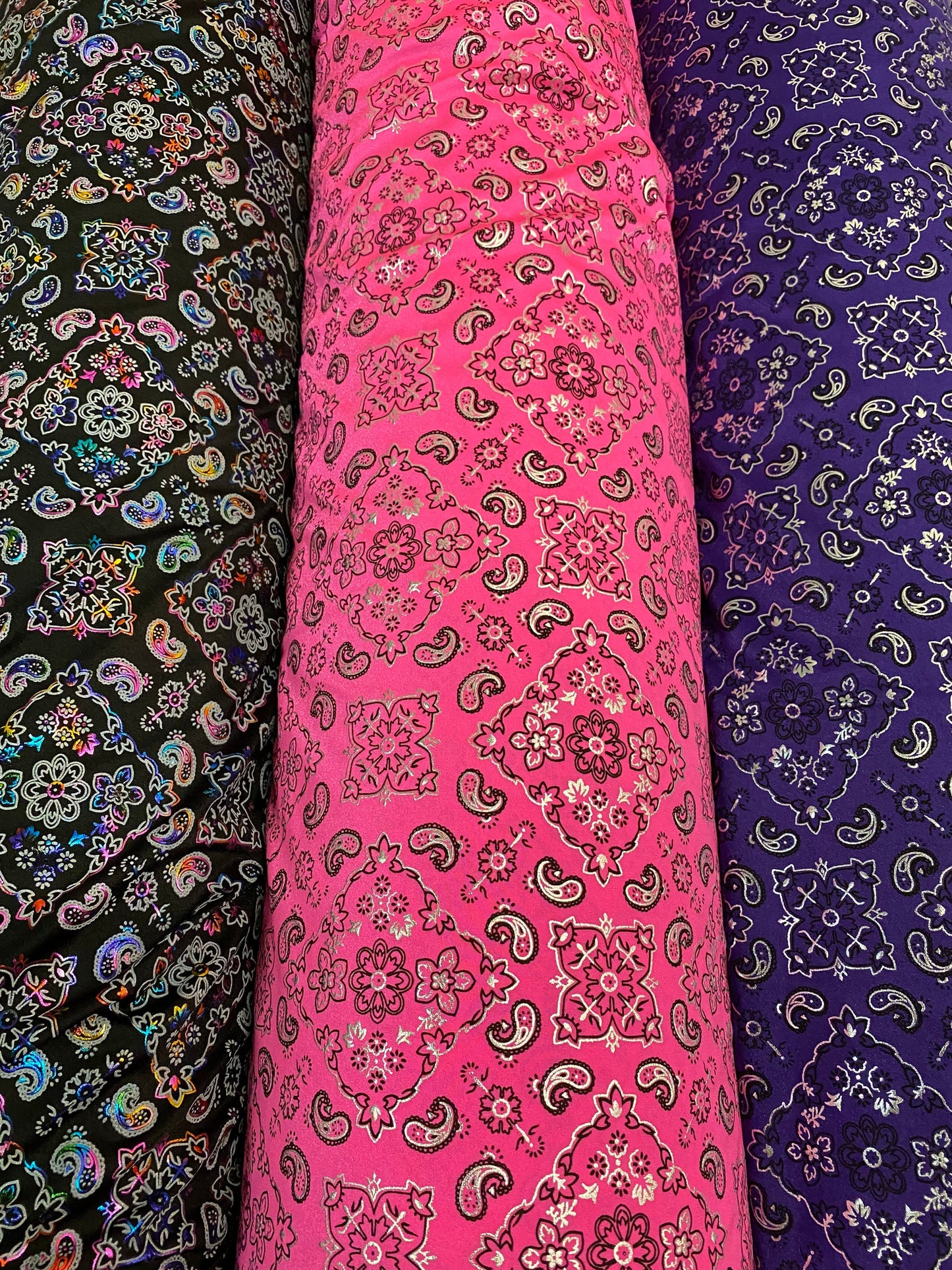 New Bandana paisley design print on great quality of nylon spandex 4-way stretch 58/60” Sold by the YD. Ships worldwide from Los Angeles cal