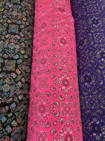 New Bandana paisley design print on great quality of nylon spandex 4-way stretch 58/60” Sold by the YD. Ships worldwide from Los Angeles cal