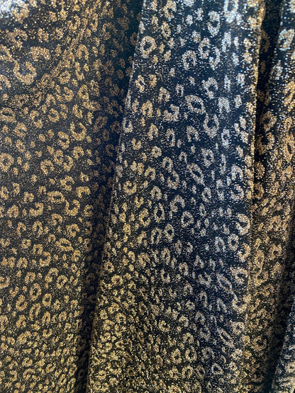 New metallic leopard design in metallic poly spandex 2-way stretch 58/60” Sold by the YD. Ships worldwide from Los Angeles California USA.