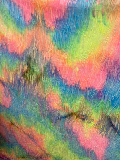 New wavy crushed velvet mega tie dye rainbow colors 4-way stretch 58/60” Sold by the YD. Ships Worldwide from Los Angeles California USA.