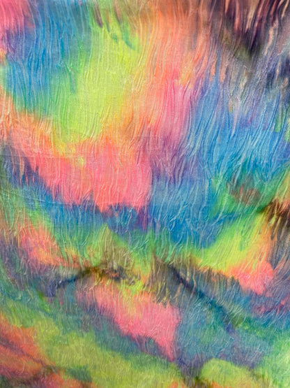 New wavy crushed velvet mega tie dye rainbow colors 4-way stretch 58/60” Sold by the YD. Ships Worldwide from Los Angeles California USA.