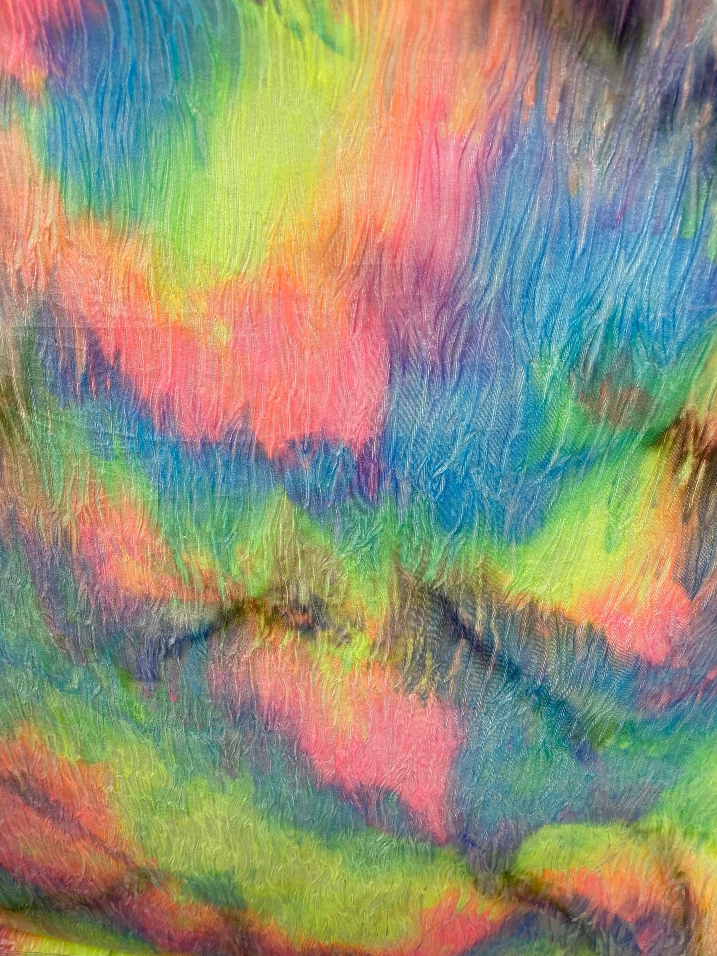 New wavy crushed velvet mega tie dye rainbow colors 4-way stretch 58/60” Sold by the YD. Ships Worldwide from Los Angeles California USA.