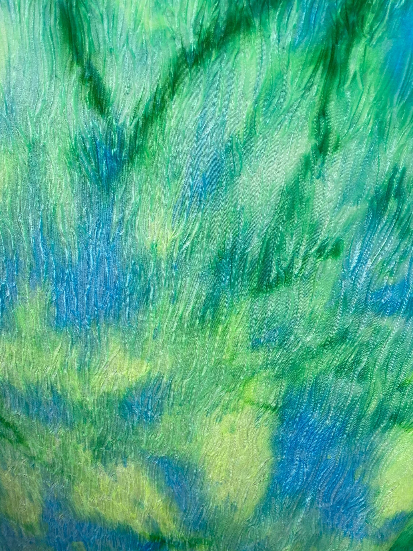 New wavy crushed velvet mega tie dye Green/blue/yellow colors 4-way stretch 58/60” Sold by the YD. Ships Worldwide from Los Angeles CA