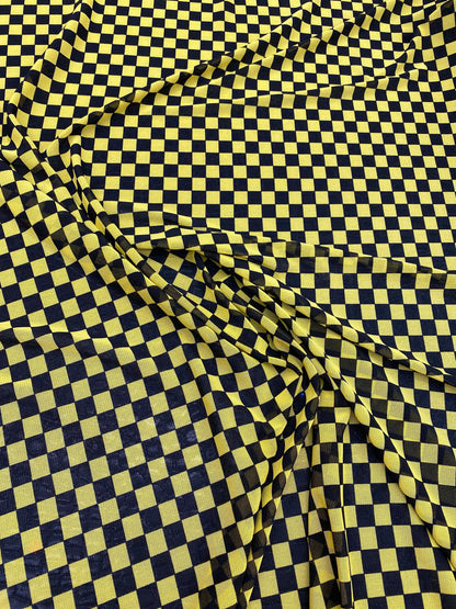 New small Checkered design yellow/black print on power mesh 4-way stretch 58/60” Sold by the YD. Ships worldwide from Los Angeles California