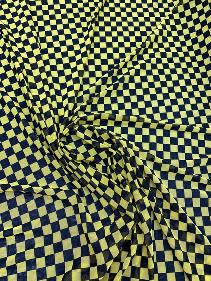 New small Checkered design yellow/black print on power mesh 4-way stretch 58/60” Sold by the YD. Ships worldwide from Los Angeles California