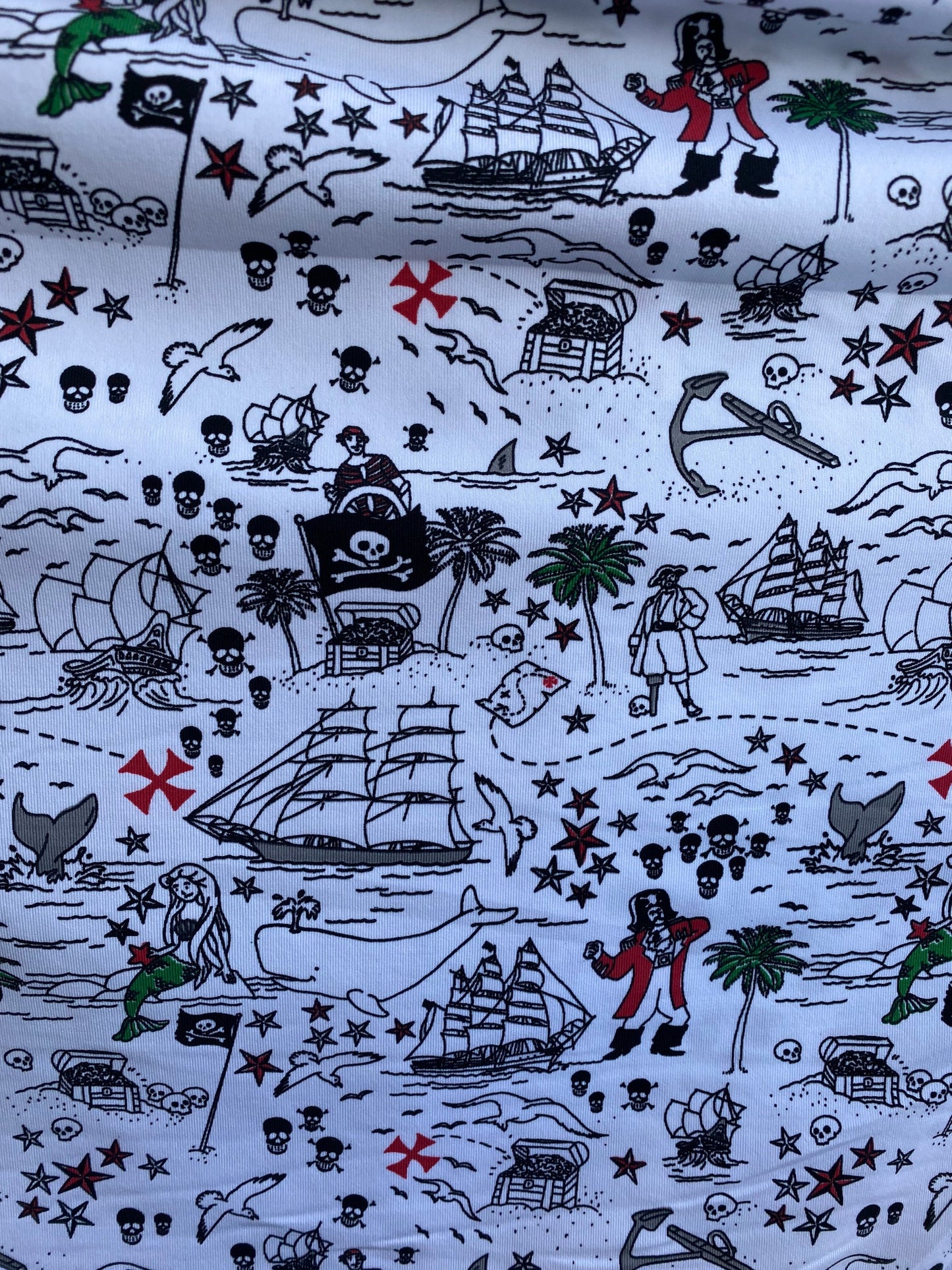 New Pirate design print on poly spandex 4-way stretch 58/60” Sold by the YD. Ships Worldwide from Los Angeles California USA.