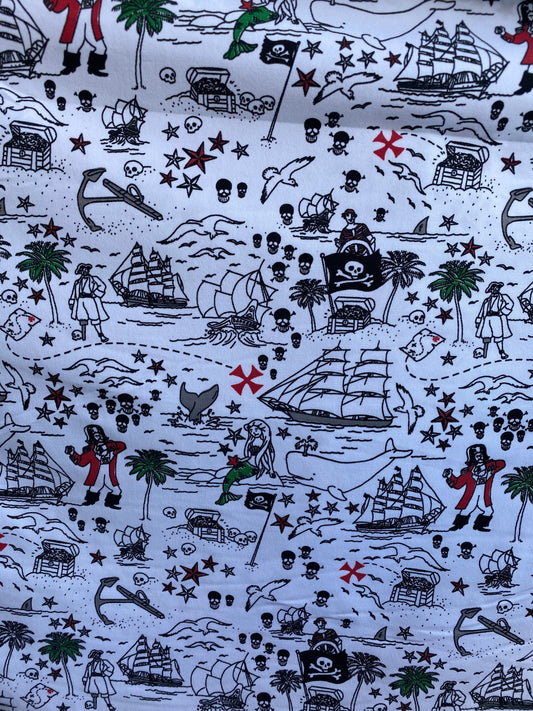 New Pirate design print on poly spandex 4-way stretch 58/60” Sold by the YD. Ships Worldwide from Los Angeles California USA.