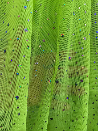 New power mesh neon green with hologram sequins all over 4-way stretch 58/60” Sold by the YD. Ships worldwide from Los Angeles California US