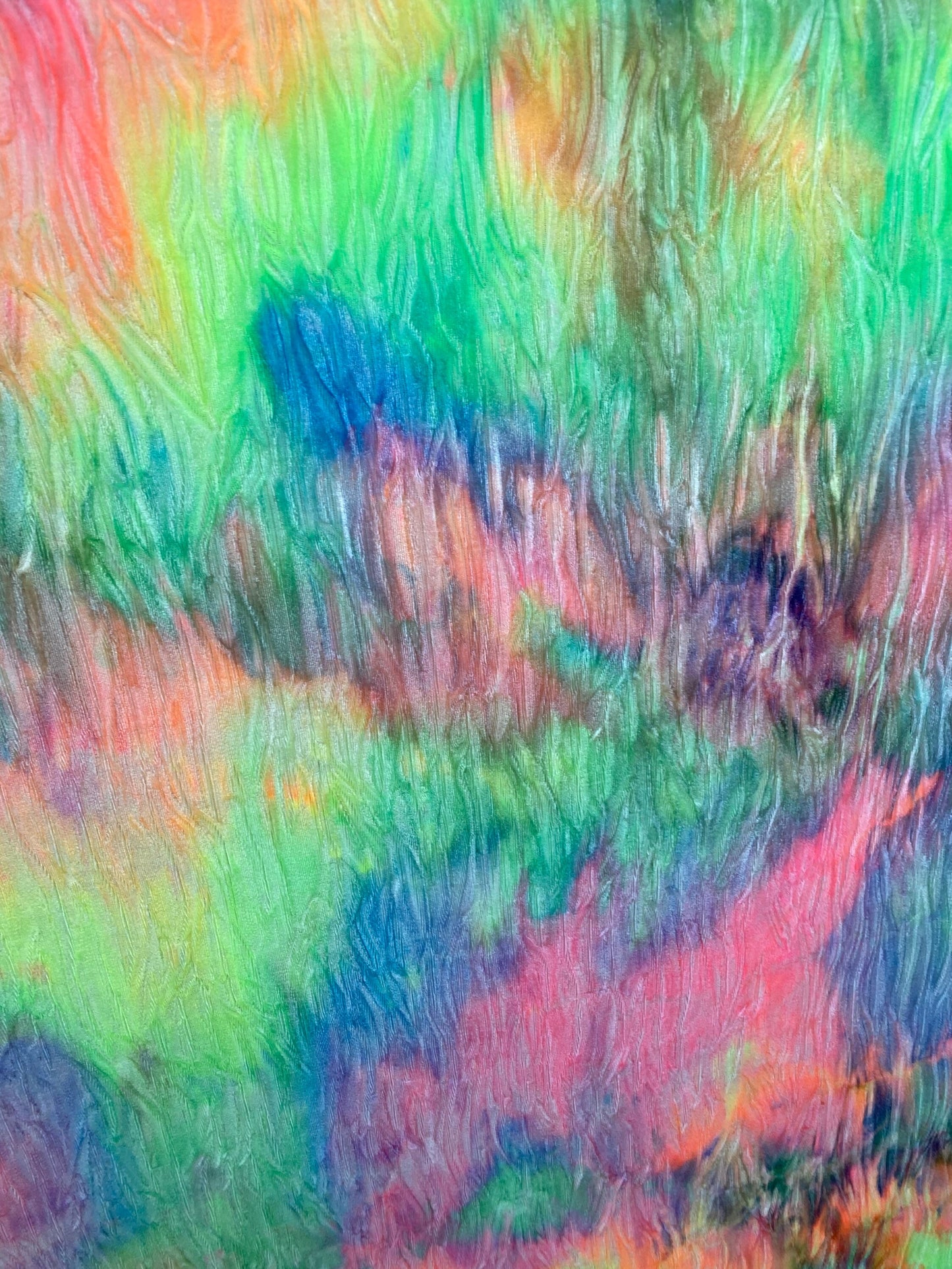 Rainbow tie dye crinkle crushed velvet 4-way stretch 420 Gsm 58/60” Sold by the YD. Ships Worldwide from Los Angeles California USA.