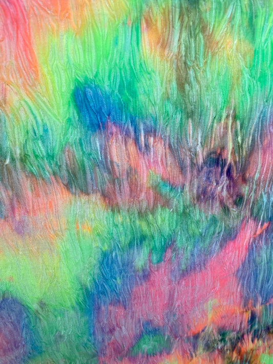 Rainbow tie dye crinkle crushed velvet 4-way stretch 420 Gsm 58/60” Sold by the YD. Ships Worldwide from Los Angeles California USA.