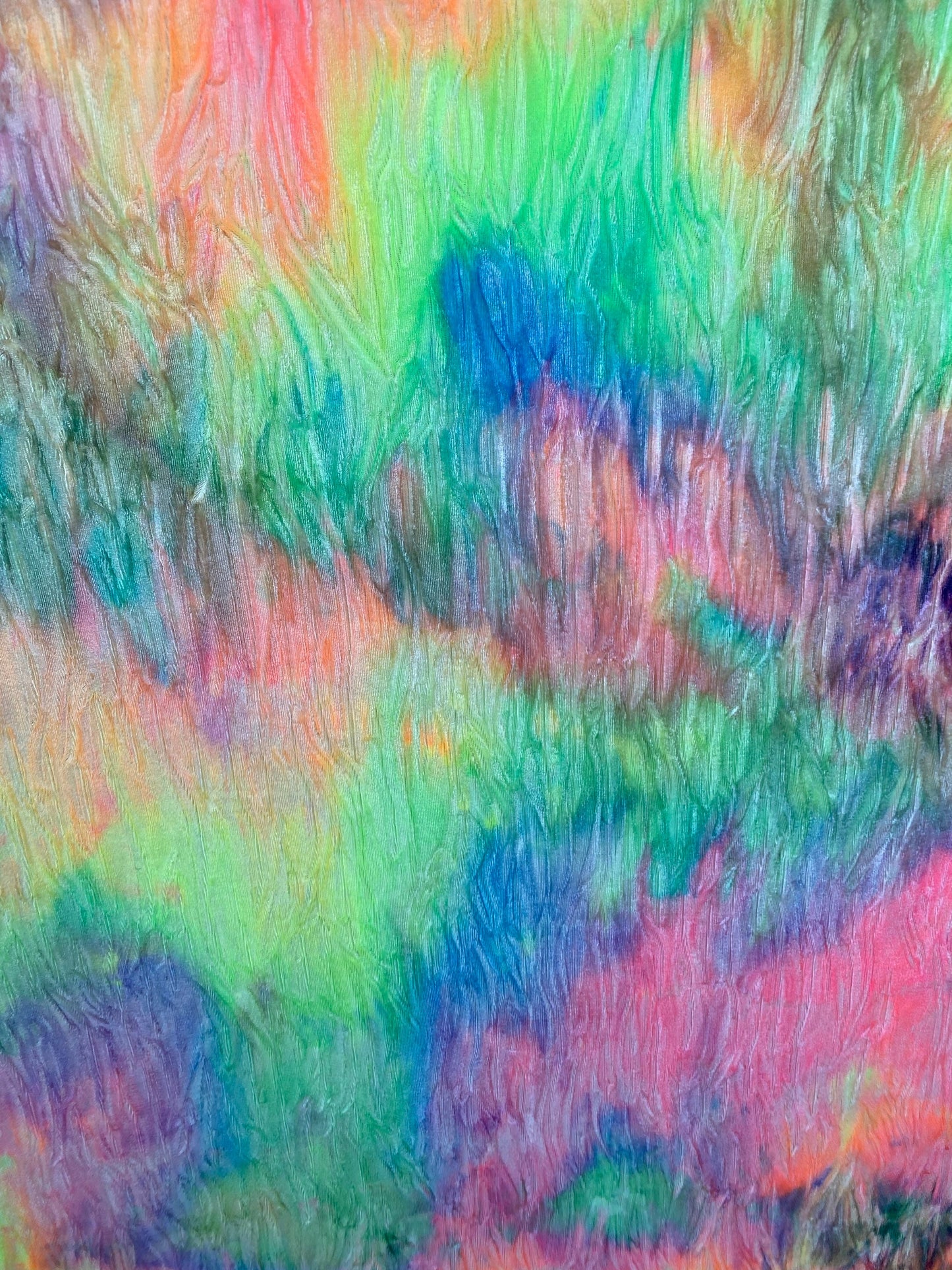 Rainbow tie dye crinkle crushed velvet 4-way stretch 420 Gsm 58/60” Sold by the YD. Ships Worldwide from Los Angeles California USA.