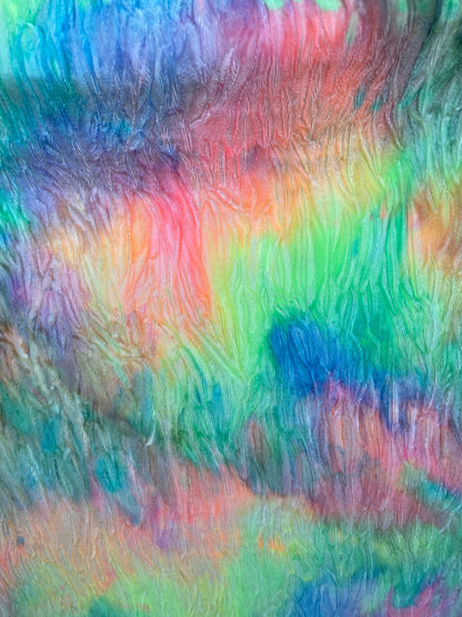 Rainbow tie dye crinkle crushed velvet 4-way stretch 420 Gsm 58/60” Sold by the YD. Ships Worldwide from Los Angeles California USA.