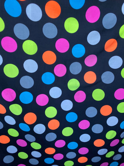 New multicolor polka dots design print on poly spandex 4-way stretch medium weight 58/60” Sold by the YD. Ships worldwide from Los Angeles