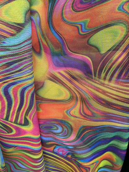 Swirl design multicolor print on power mesh nylon spandex 4-way stretch 58/60” Sold by the YD. Ships worldwide from Los Angeles California