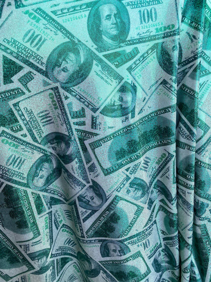 New metallic money design hologram Green/green 100 dollar bill print on good quality of nylon 4-way spandex with foggy foil all over 58/60”