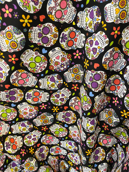 100% cotton skull print design multicolor very soft fabric non stretch fabric 54/55” Sold by the YD. Ships worldwide from Los Angeles CA.