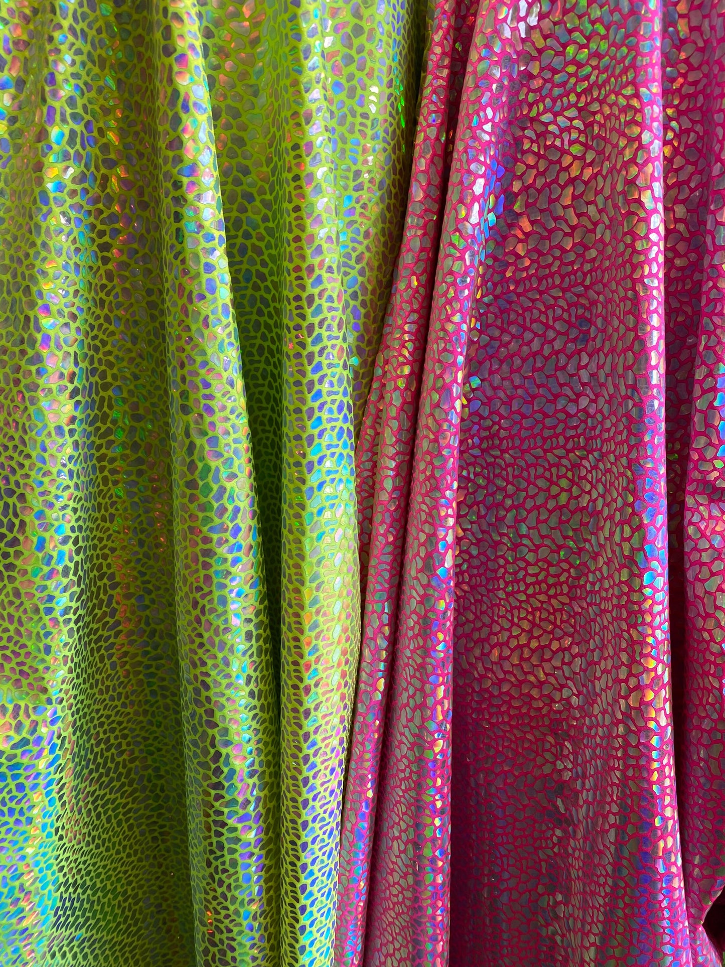 New dragon scales iridescent foil on nylon spandex 4-way stretch hologram metallic fabric 58/60” Sold by the YD. Ships worldwide from Los An