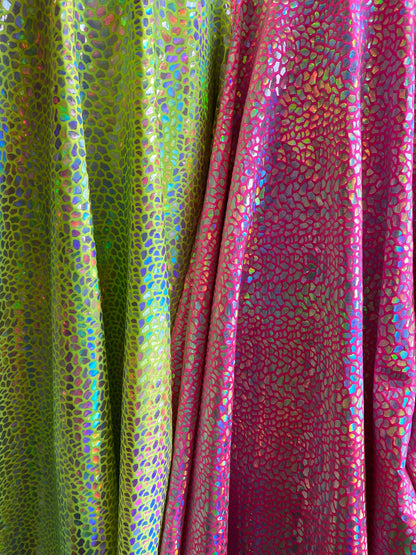 New dragon scales iridescent foil on nylon spandex 4-way stretch hologram metallic fabric 58/60” Sold by the YD. Ships worldwide from Los An