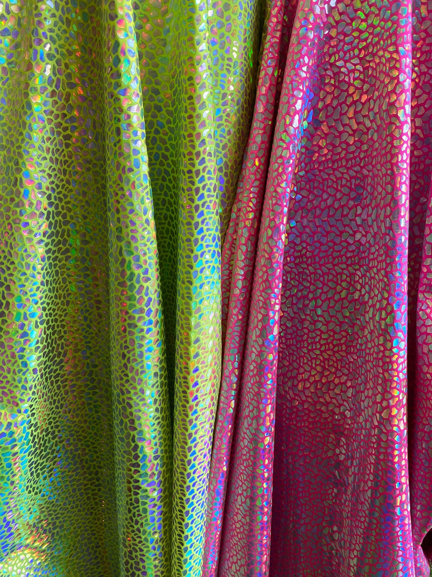 New dragon scales iridescent foil on nylon spandex 4-way stretch hologram metallic fabric 58/60” Sold by the YD. Ships worldwide from Los An