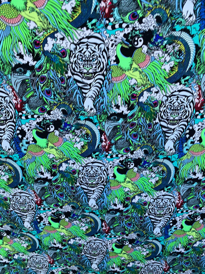 New Exotic tiger design with multi animal print on best quality of nylon spandex 4-way stretch 58/60” Sold by the YD.