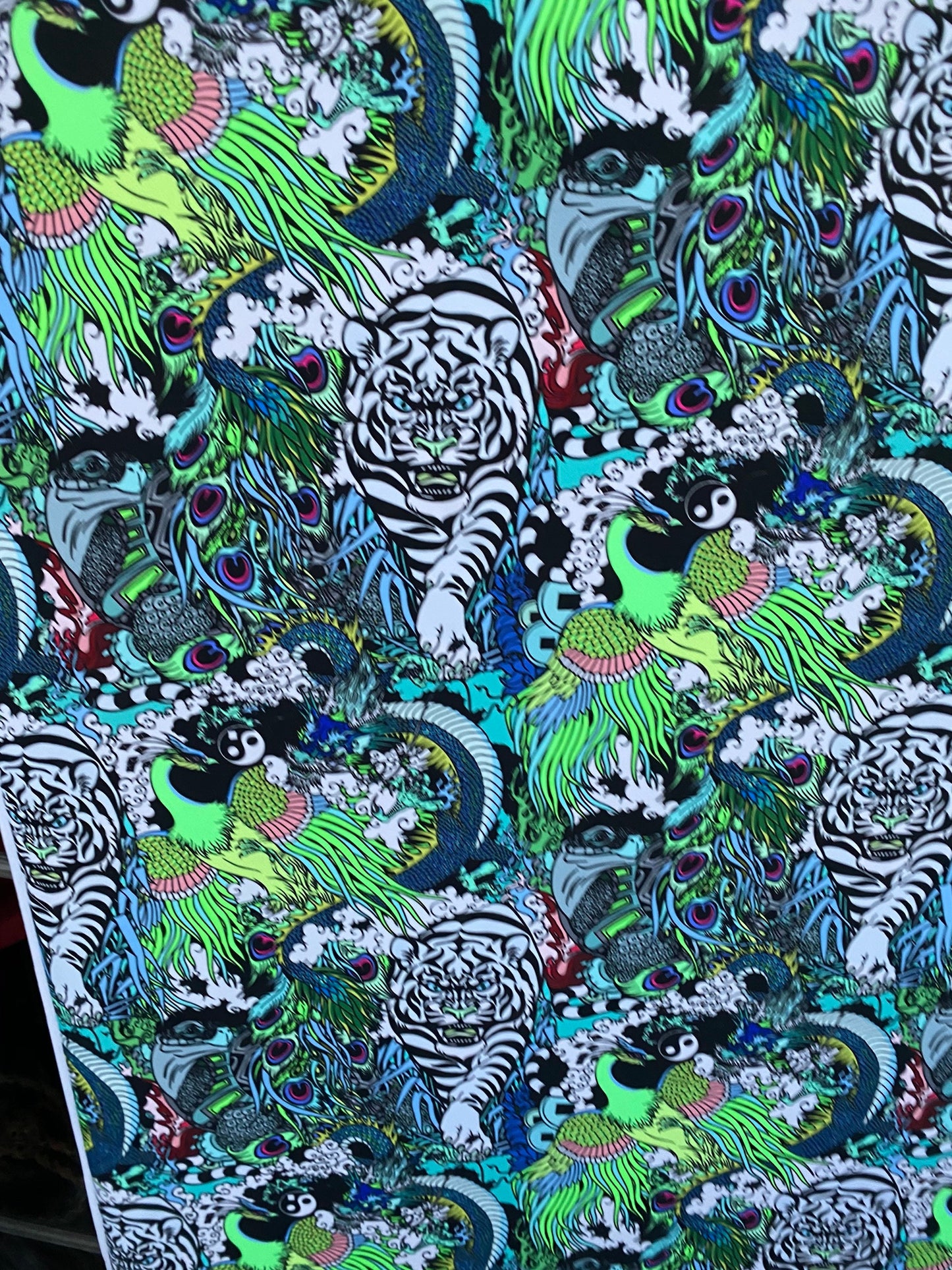 New Exotic tiger design with multi animal print on best quality of nylon spandex 4-way stretch 58/60” Sold by the YD.