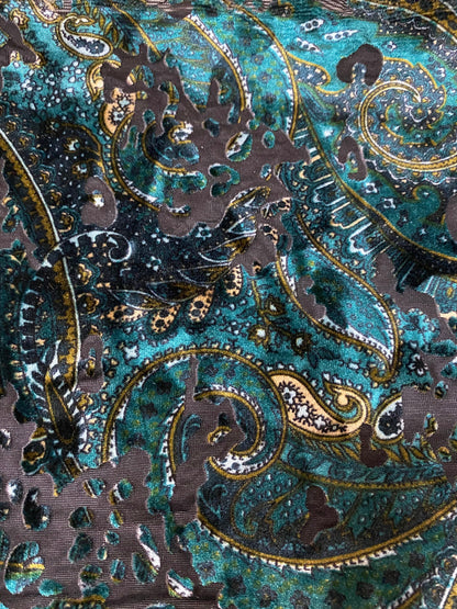 New Luxury paisley design print on burnout velvet peacock green 4-way stretch 58/60” Sold by the YD. Ships Worldwide from Los Angeles CA USA