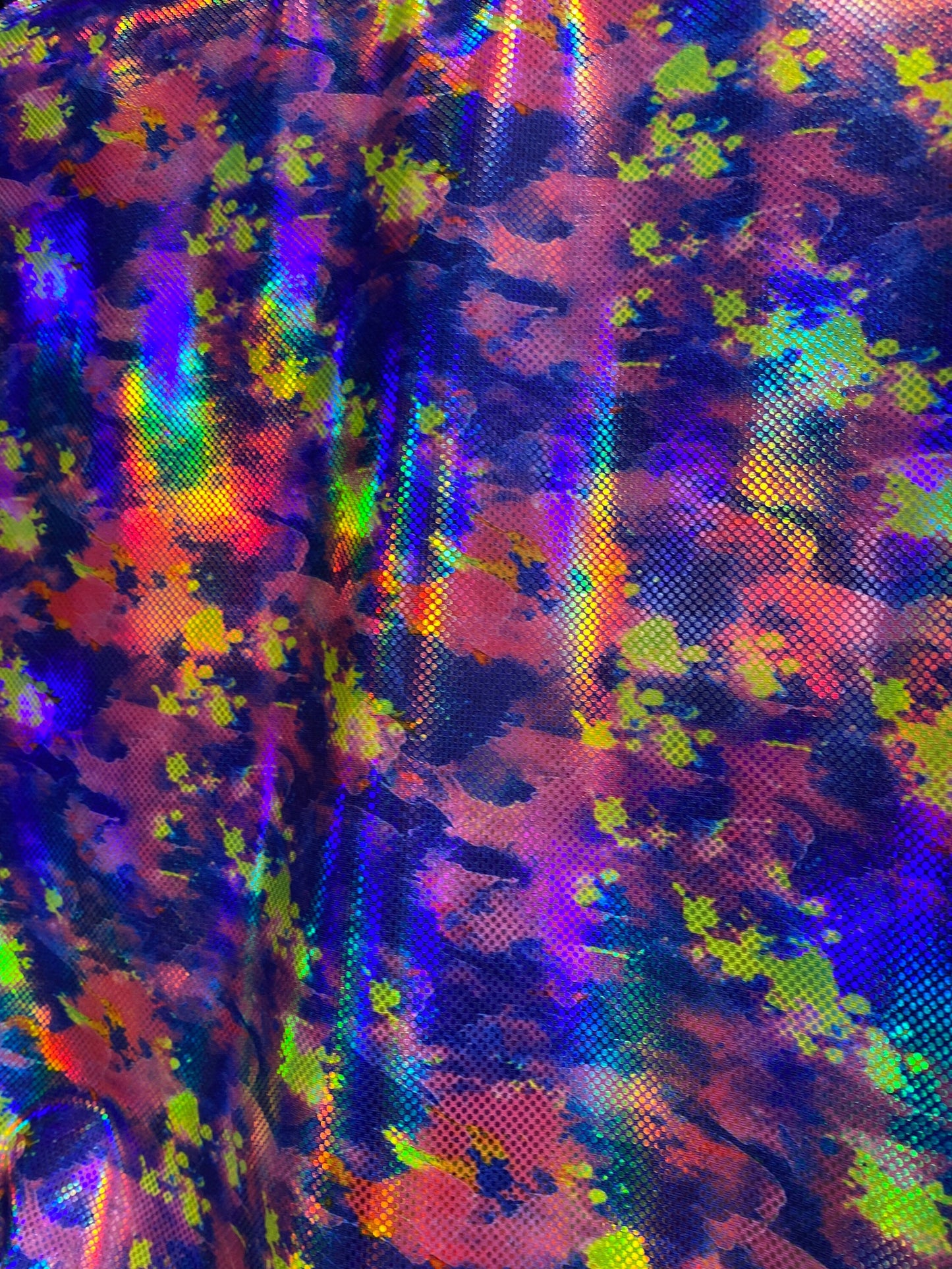 New modern abstract design sapphire/pink/yellow digital foil print lacer hologram metallic nylon spandex 4-way stretch 58/60” Sold by the YD