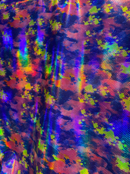 New modern abstract design sapphire/pink/yellow digital foil print lacer hologram metallic nylon spandex 4-way stretch 58/60” Sold by the YD