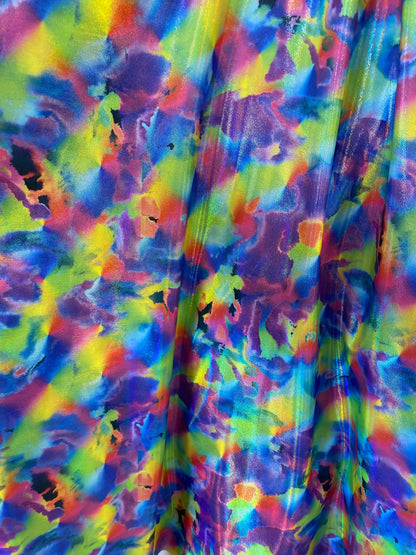 New modern abstract design blue multicolor digital foil print lacer hologram metallic nylon spandex 4-way stretch 58/60” Sold by the YD.