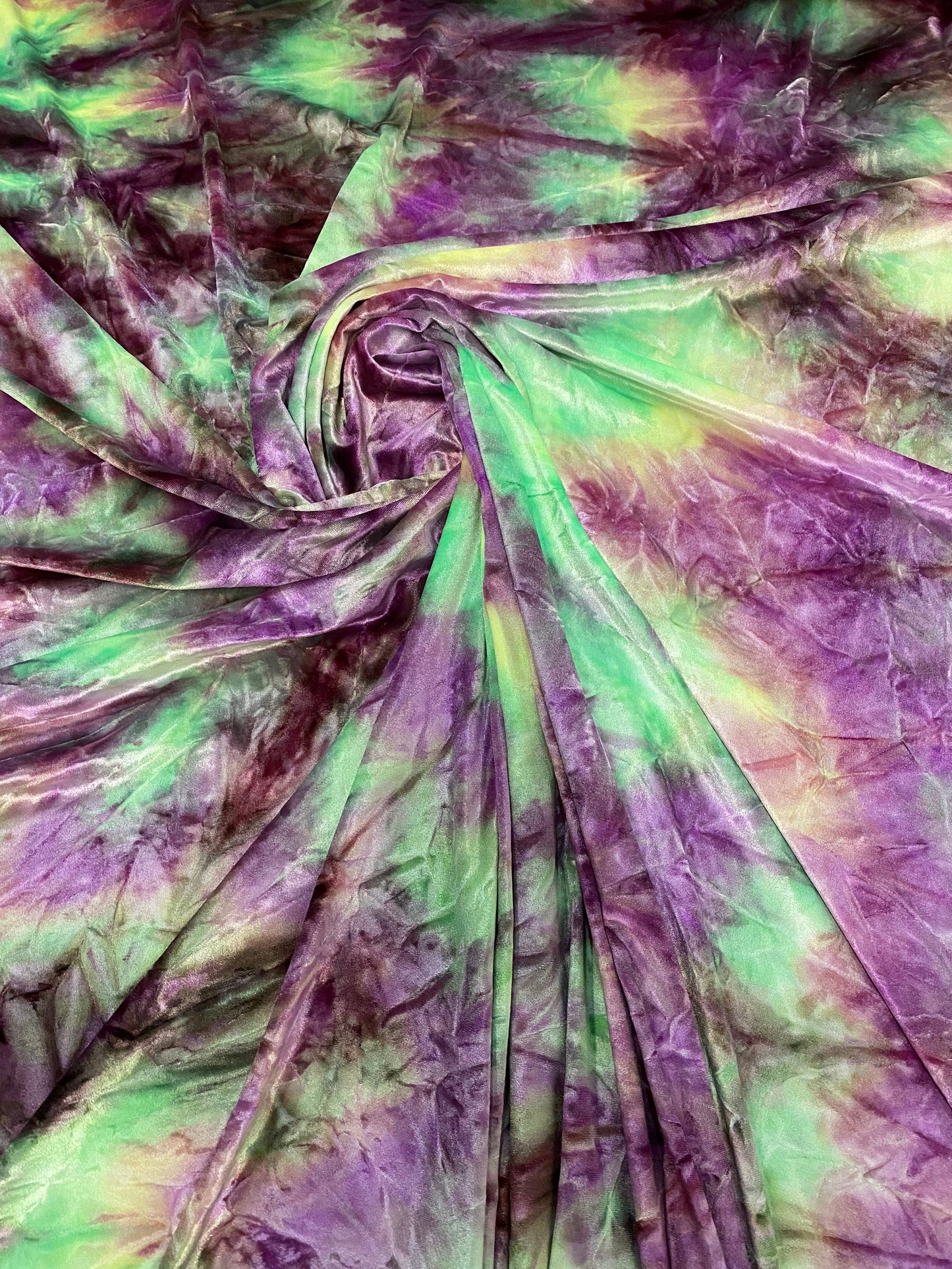 New tie dye stretch velvet magenta/purple/green 420GSM 4-way stretch 58/60” Sold by the YD. Ships Worldwide from Los Angeles California USA.