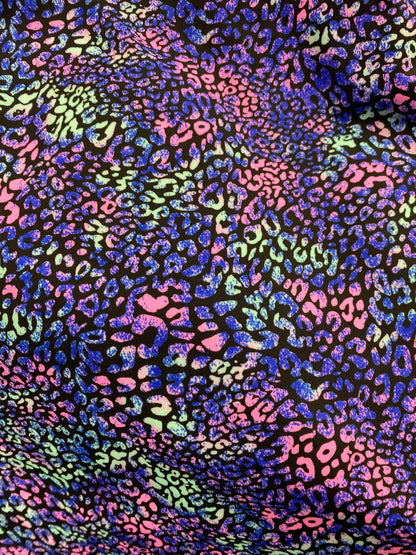 New leopard design purple/pink/green print on great quality of nylon spandex 4-way stretch 58/60” Sold by the YD. Ships worldwide