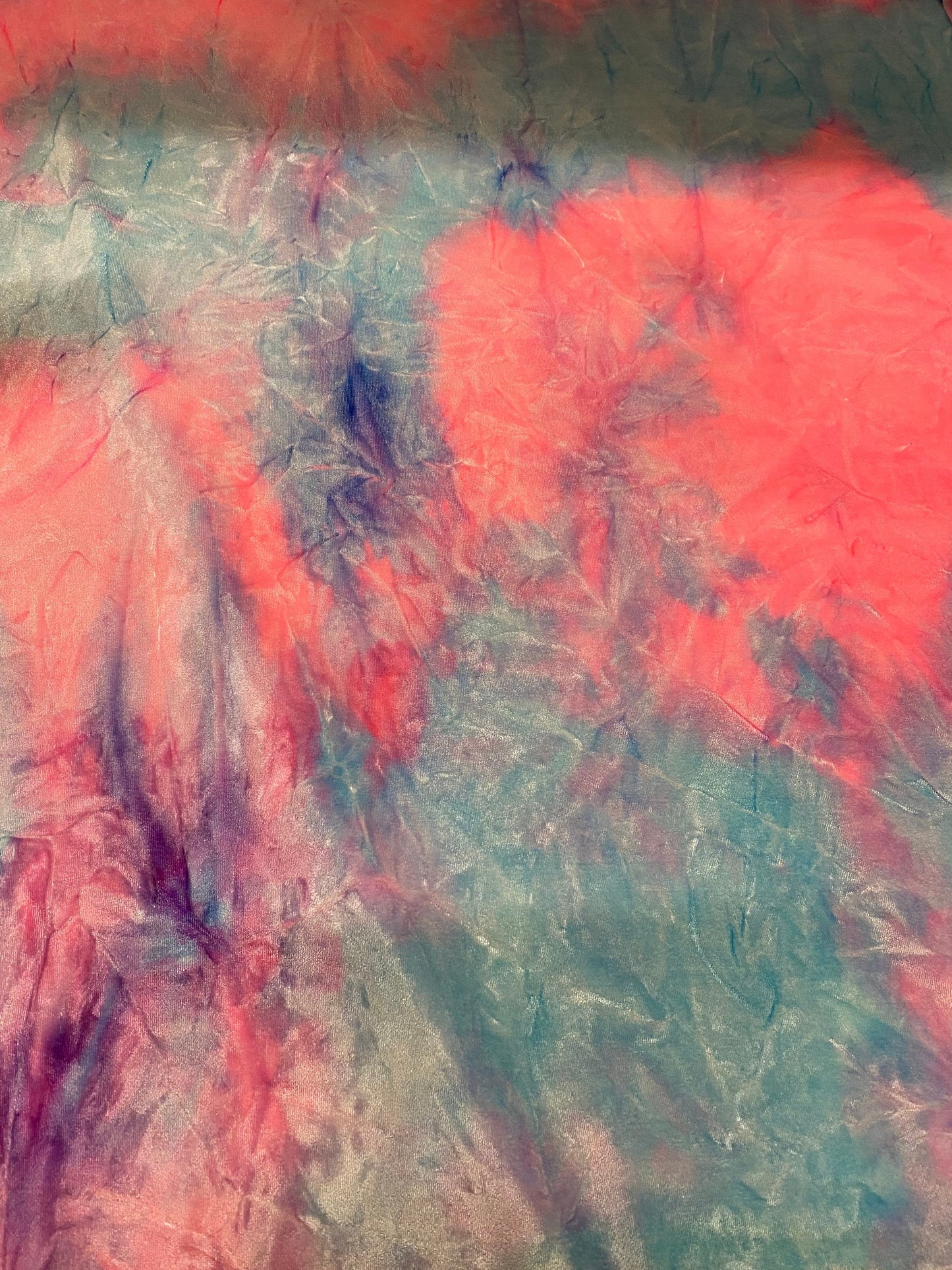 New cotton candy Tie dye crushed velvet 4-way stretch 58/60” Sold by the YD. Ships worldwide from Los Angeles California USA.