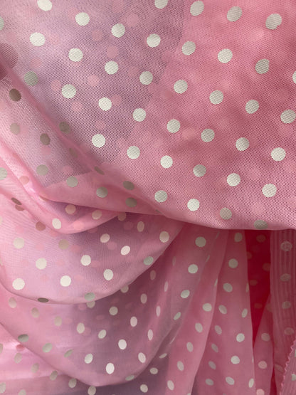 New polka dots design print on power mesh 4-way stretch pink/white 58/60” Sold by the YD. Ships worldwide from Los Angeles California USA.