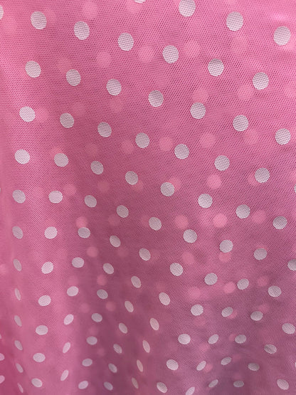 New polka dots design print on power mesh 4-way stretch pink/white 58/60” Sold by the YD. Ships worldwide from Los Angeles California USA.