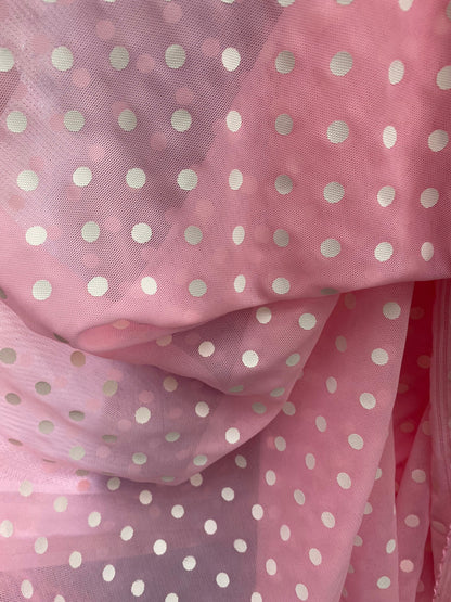 New polka dots design print on power mesh 4-way stretch pink/white 58/60” Sold by the YD. Ships worldwide from Los Angeles California USA.