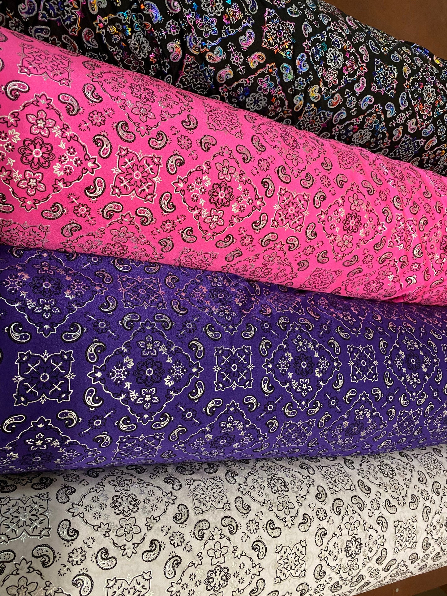 New Bandana paisley design print on great quality of nylon spandex 4-way stretch 58/60” Sold by the YD. Ships worldwide from Los Angeles cal