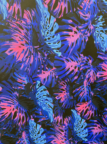 New tropical print leaves design black/multi print on great quality of nylon spandex 4-way stretch 58/60” Sold by the YD. Ships Worldwide