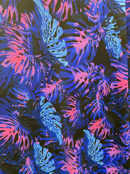 New tropical print leaves design black/multi print on great quality of nylon spandex 4-way stretch 58/60” Sold by the YD. Ships Worldwide