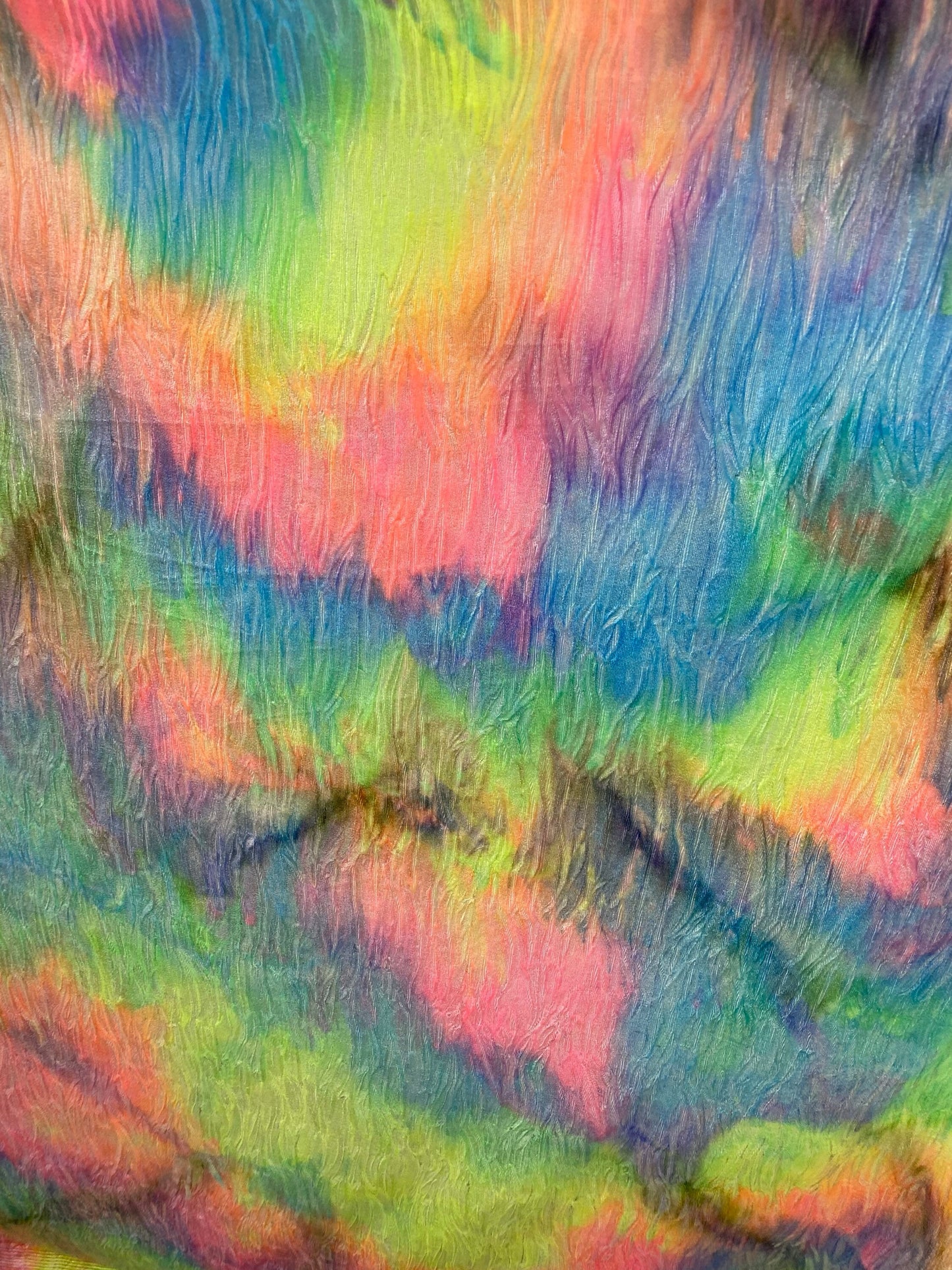 New wavy crushed velvet mega tie dye rainbow colors 4-way stretch 58/60” Sold by the YD. Ships Worldwide from Los Angeles California USA.