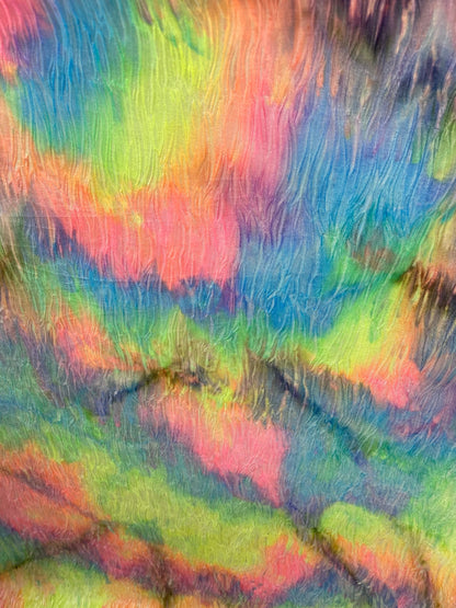 New wavy crushed velvet mega tie dye rainbow colors 4-way stretch 58/60” Sold by the YD. Ships Worldwide from Los Angeles California USA.