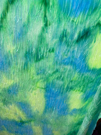 New wavy crushed velvet mega tie dye Green/blue/yellow colors 4-way stretch 58/60” Sold by the YD. Ships Worldwide from Los Angeles CA