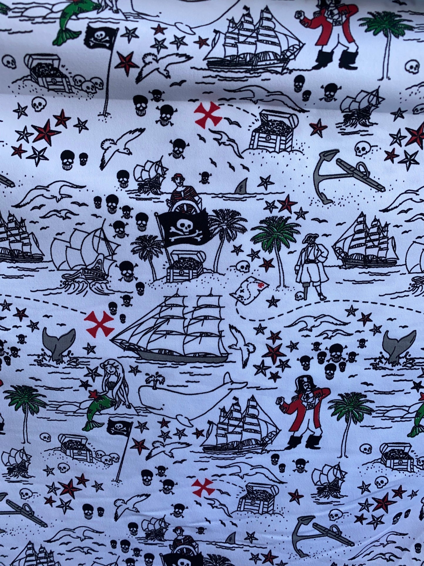 New Pirate design print on poly spandex 4-way stretch 58/60” Sold by the YD. Ships Worldwide from Los Angeles California USA.