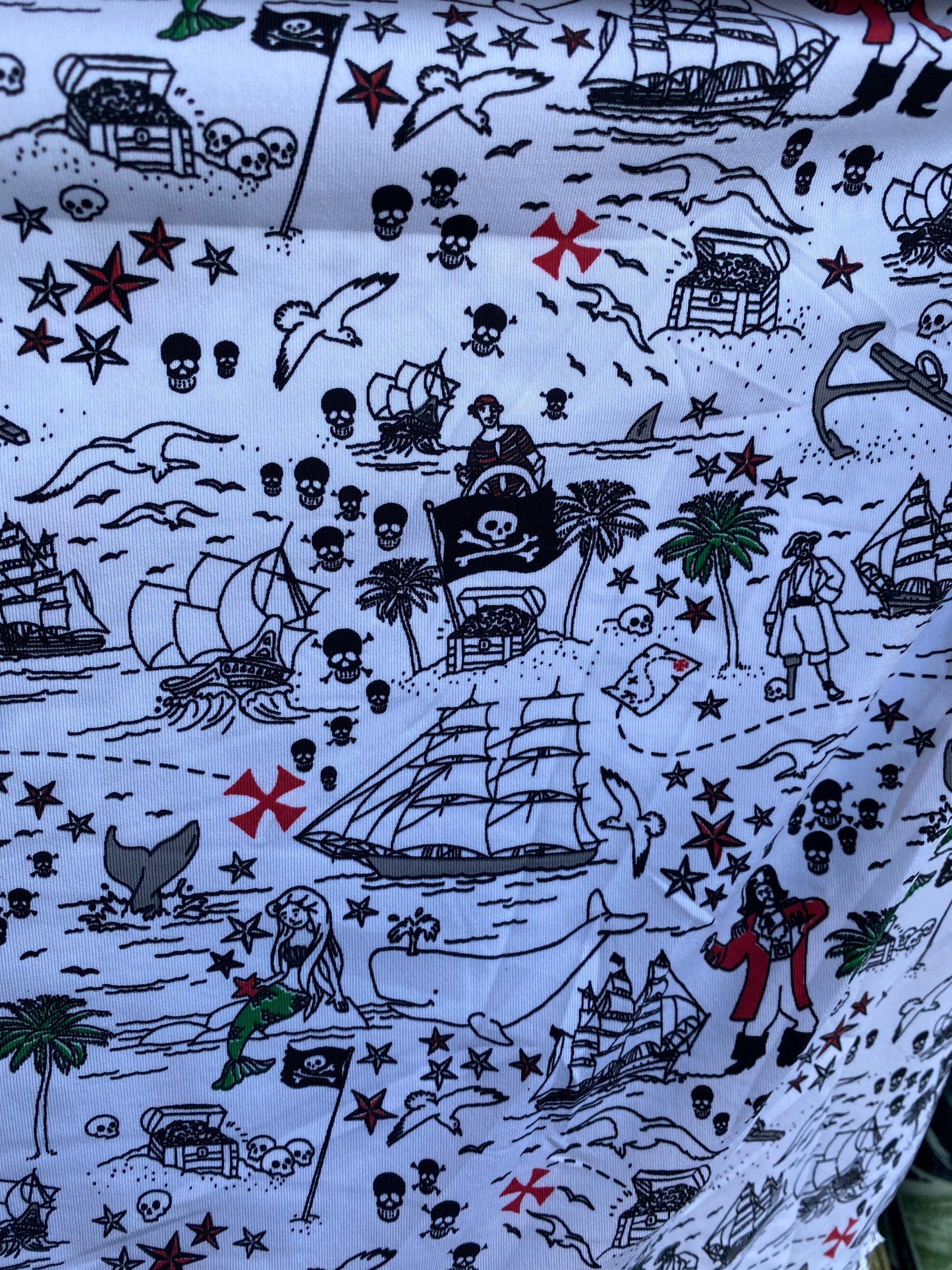 New Pirate design print on poly spandex 4-way stretch 58/60” Sold by the YD. Ships Worldwide from Los Angeles California USA.