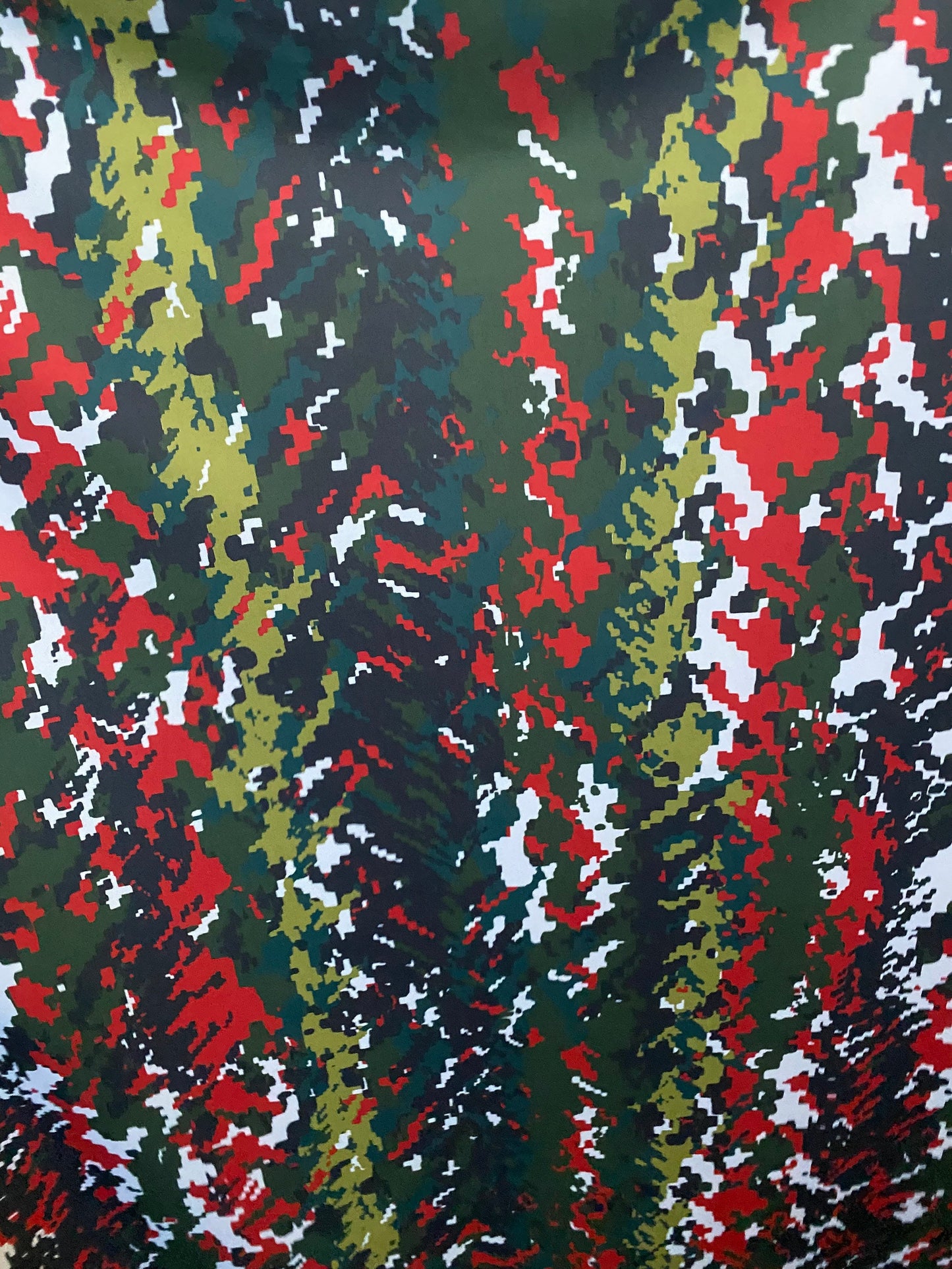 New digital camouflage design Green/Olive/red print on best quality of nylon spandex 4-way stretch 58/60” Sold by the YD. Ships Worldwide