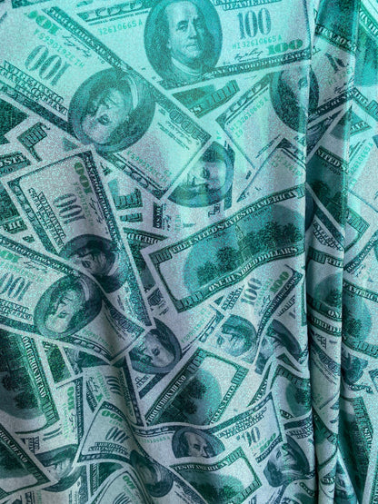 New metallic money design hologram Green/green 100 dollar bill print on good quality of nylon 4-way spandex with foggy foil all over 58/60”