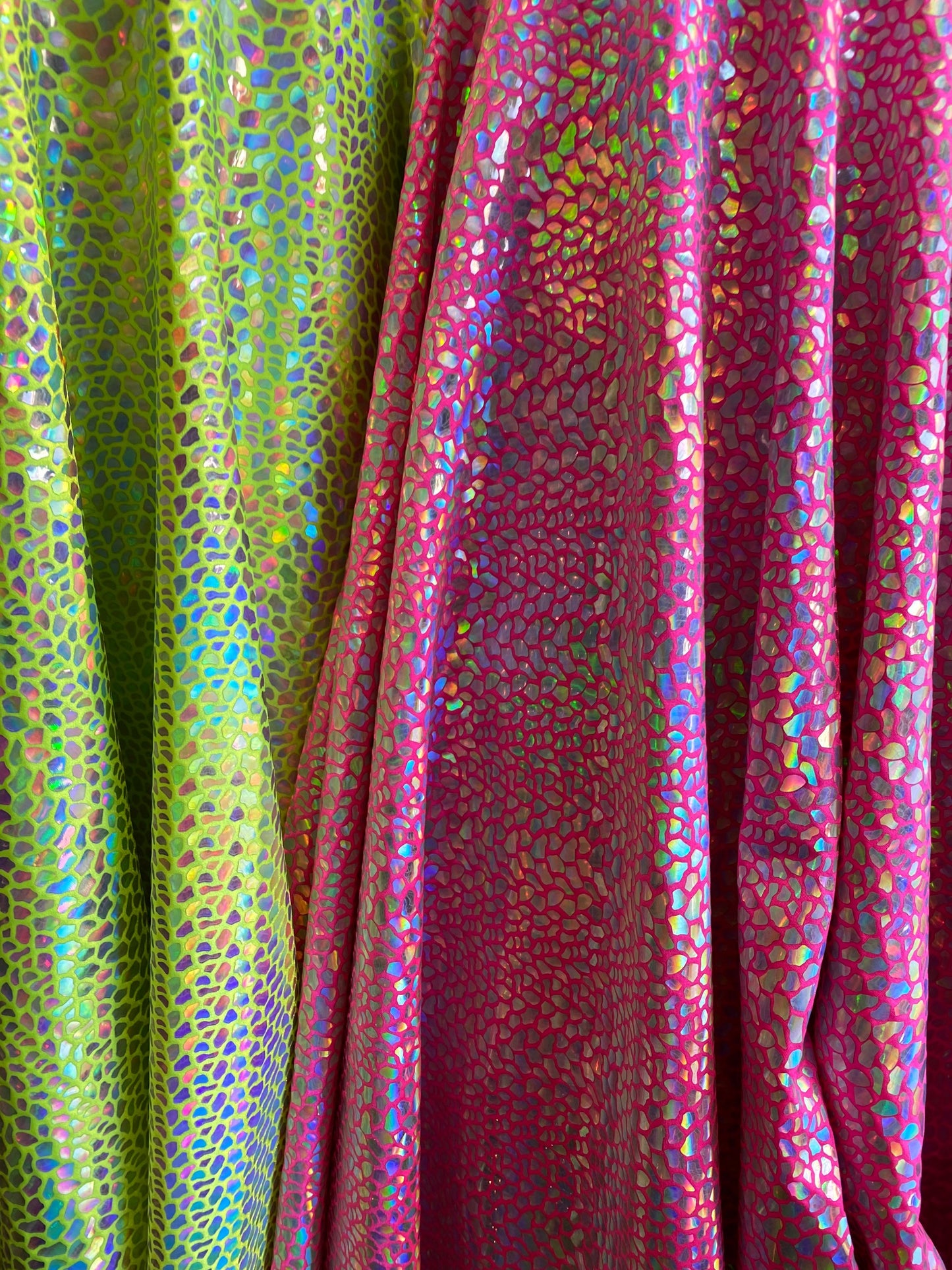 New dragon scales iridescent foil on nylon spandex 4-way stretch hologram metallic fabric 58/60” Sold by the YD. Ships worldwide from Los An