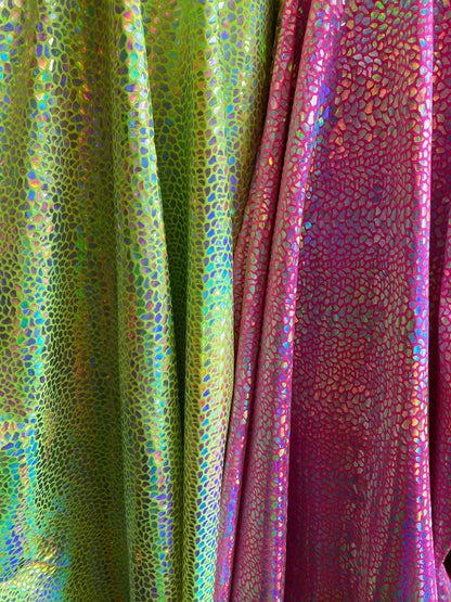 New dragon scales iridescent foil on nylon spandex 4-way stretch hologram metallic fabric 58/60” Sold by the YD. Ships worldwide from Los An