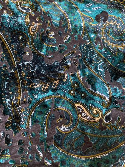 New Luxury paisley design print on burnout velvet peacock green 4-way stretch 58/60” Sold by the YD. Ships Worldwide from Los Angeles CA USA