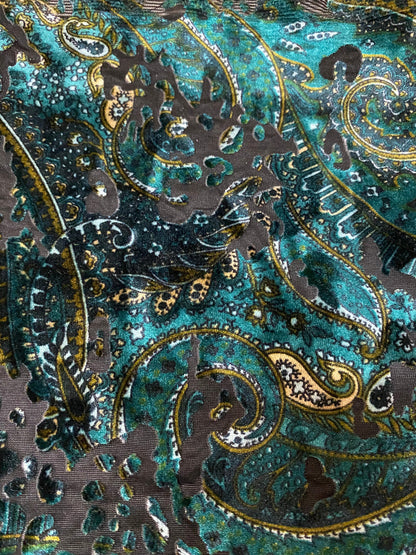 New Luxury paisley design print on burnout velvet peacock green 4-way stretch 58/60” Sold by the YD. Ships Worldwide from Los Angeles CA USA